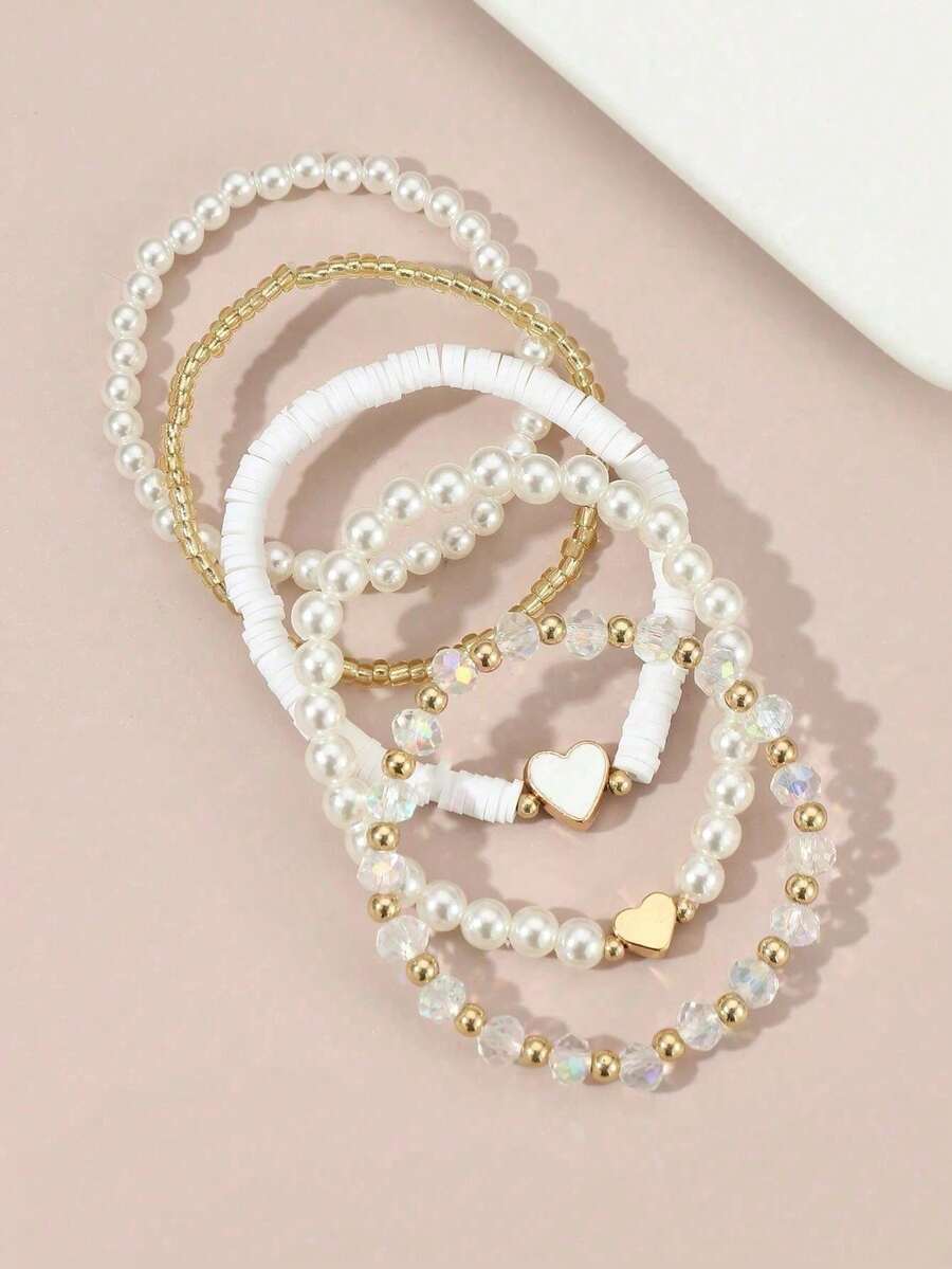 5pcs/Set Lovely Heart Pearl Beaded Bracelet Set For Girls, Suitable For Daily, Party Jewelry, Holiday Gift - Multicolor - View 1