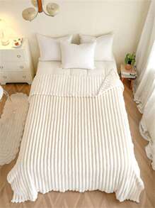 1pc Thick Striped Plush Blanket, Wide Striped Laser Cut Faux Rabbit Fur Fleece Blanket, Cozy Milk Fleece Flannel Throw Blanket For Casual Nap & Office Use