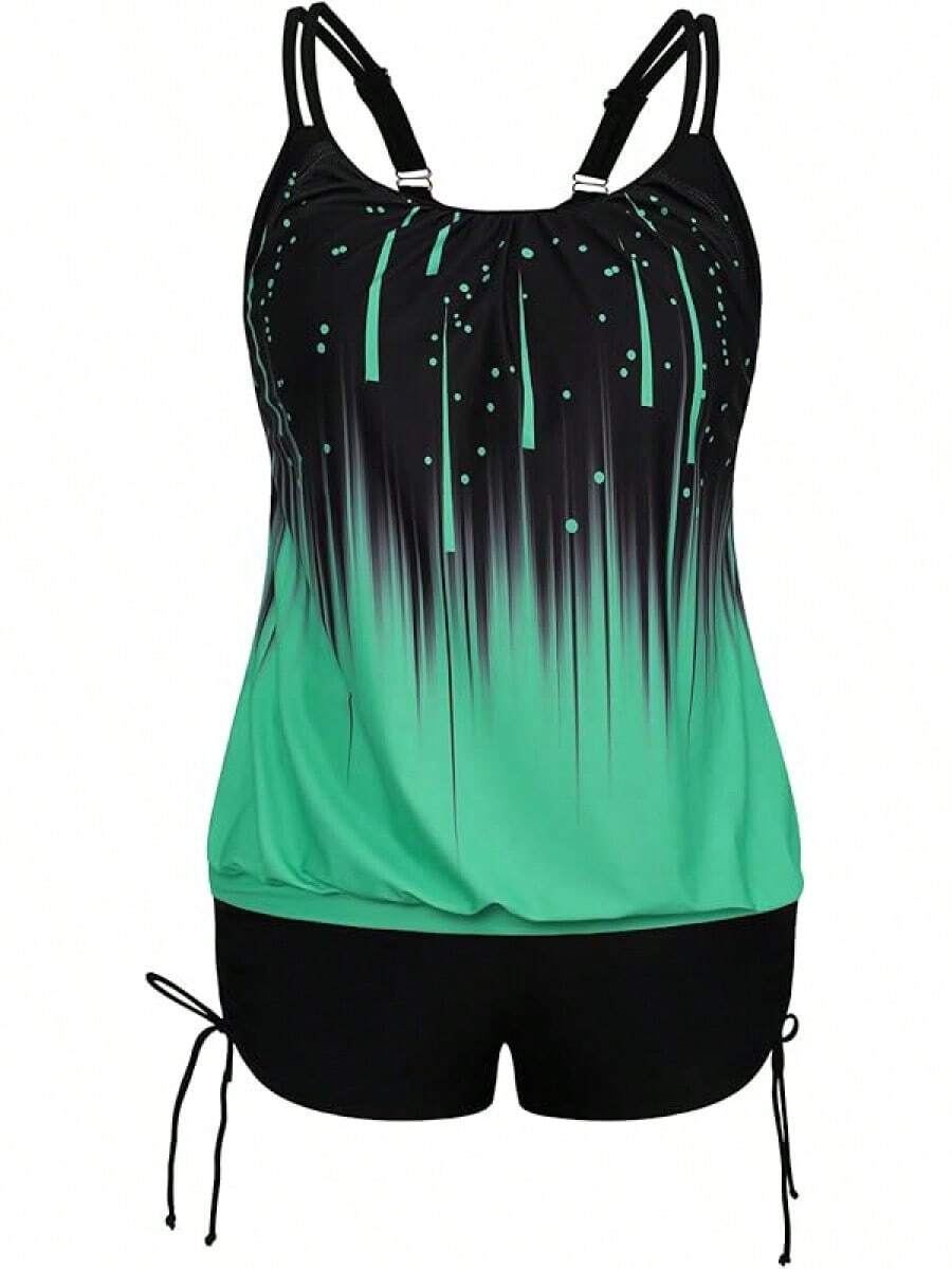 Womens Plus Size Striped Printed Strappy Tankini Top With Shorts Two Pieces Swimsuit - Green - View 1