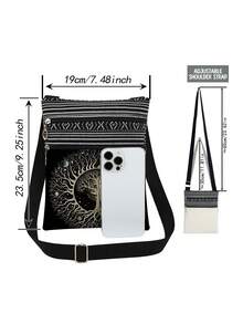 Mysterious Magic Tree Of Life Pattern Crossbody Bag, Unisex Reusable Shoulder Messenger Bag, Fashion Aesthetic Satchel Bag With Abstract Sun Moon Tree Graphic Print, Portable Messenger Bag, Party Gift, Life Tree Lover Gift - Black and White - View 3