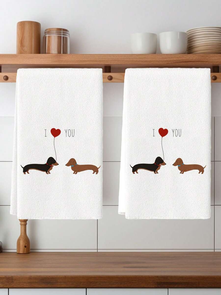 2Pcs Valentine's Day Kitchen Towels Dog Element Atmosphere Sense Gifts Family Dinner Personalized Lots And Lots Of Dachshunds Patternbathroom Towel (Microfiber Material) - White - View 1