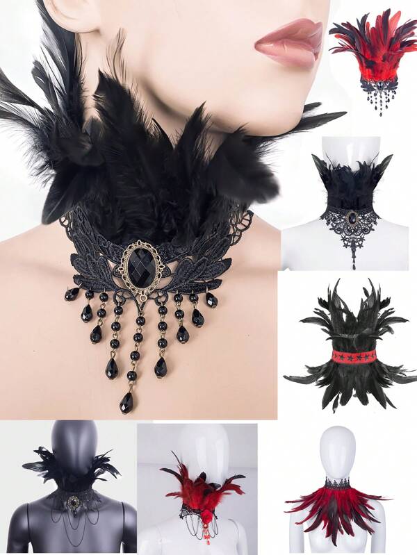 Punk Necklace Lace Tassels For Women, Feathers Neck Harness Fashion Gothic Accessories, Necklace Feather Harness Game Party And Festival Neck Harness Belts Artificial Feathers