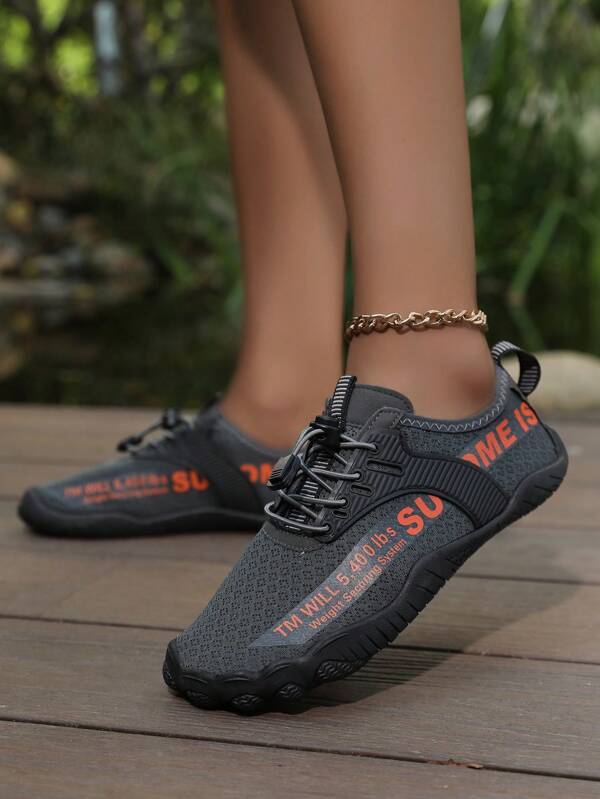 Unisex Barefoot Water Shoes, Wide Toe Box, Non-Slip, Breathable Quick Dry, Lightweight Fabric With Yellow & Black Letter Print, PVC Sole Suitable For Outdoor Casual Wear, High Quality Footwear