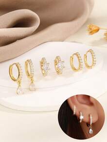 Hihho 3對/套方晶鋯石裝飾耳環 - 金黃色 - 查看 3