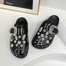 Style Shoes Closed Toe Half Slippers Women New British Retro Thick Sole Studded Strap Flat Mules - 黑色 - 查看 2