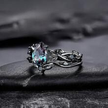 2pcs Women's Fashionable Zirconia Gun-Black Matching Rings, Personalized Jewelry