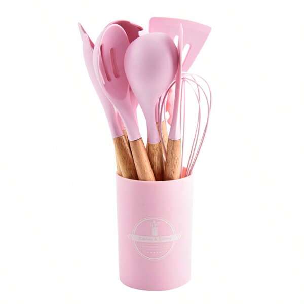 Batterie de cuisine 12 pièces en silicone, antiadhésive, antidérapante, résistante aux hautes températures, ustensiles de cuisine, manche en bois, spatule, fouet, ustensiles de cuisine, accessoires