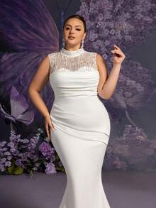 Faeriesty 新娘优雅高领美人鱼婚纱，饰有串珠花卉图案和及地长裙 - 非常适合户外婚礼、豪华宴会厅和迷人的海滩仪式 - 白色 - 查看 5