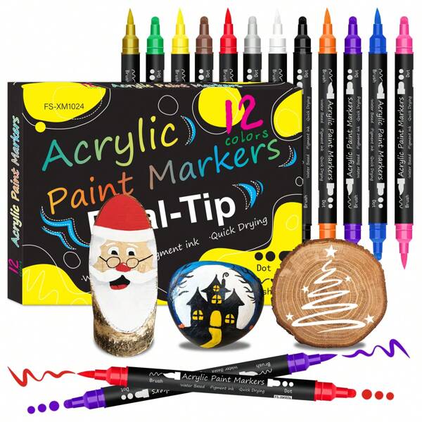 6 weiße & 6 schwarze/12/24 Farben Acrylfarben Dualspitzen Marker, Premium Acrylfarben Stifte für Holz, Leinwand, Stein, Felsen, Glas, Keramik, DIY Basteleien, Kunstbedarf, Schulmaterial, Schulanfang