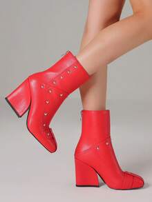 Women's Chunky Heel Ankle Boots Fashion Slip On Patent Leather Rivet Short Boots Square Toe Back Zipper Biker Boots For Women - Red - View 2