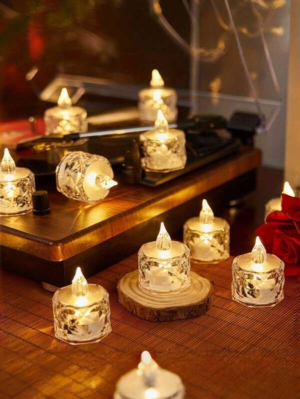 6/12/24pcs LED Electronic Candles, Mini Rose Pattern Wishing Candles, Tea Lights, LED Flameless Candles For Halloween, Valentine's Day, Christmas, Religious Wedding, Party, Home Decor And Other Holiday Candles