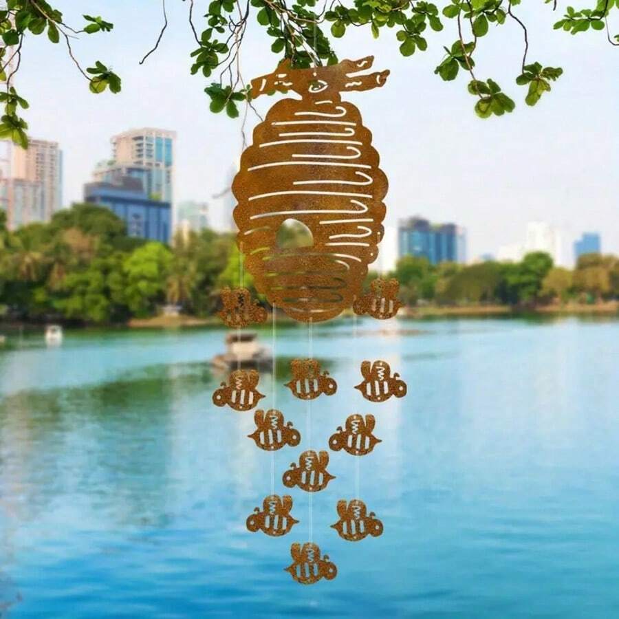 Beehive Wind Chimes, Metal Outdoor Garden Decoration, Honeycomb Design And Soothing Sound, Country Wind Chimes, Suitable For Terraces, Courtyards, Men's Gifts, No Batteries, 11 Pieces Of Bee Decoration. - Rust Brown - View 1