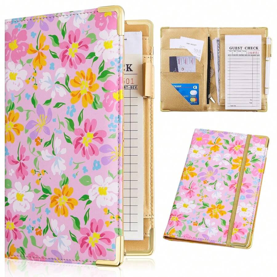 Cute Waitress Book With Money Pocket, Leather Server Book With Zipper Wallet, Black Serving Organizer Fits Server Apron - Pink Flowers - 查看 1