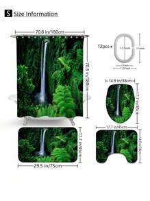 1pc/4pcs Charming Forest Waterfall With Green Leaves & Plant Pattern Bathroom Decorative Waterproof Shower Curtain Set, Includes 12 Hooks, Bathroom Anti-Slip Mat, U-Shaped Floor Mat And Round Toilet Lid Cover, Versatile Bathroom Set Back To School