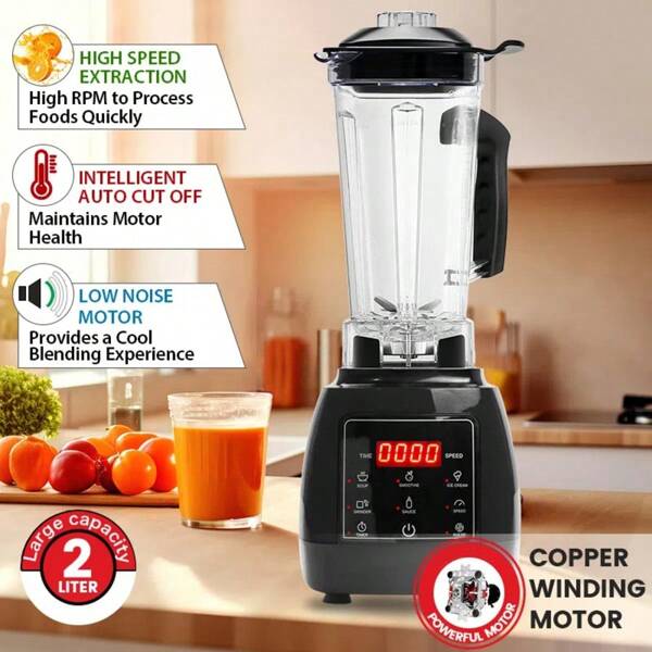 Licuadora y procesadora de alimentos multifuncional de 1600W, para uso comercial y doméstico, incluye jarra grande de 2L y cuchillas de acero inoxidable de 6 aspas, 4 velocidades variables para triturar hielo, frutas, verduras y moler carne
