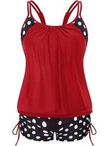 Womens Plus Size Striped Printed Strappy Tankini Top With Shorts Two Pieces Swimsuit - Red - View 1
