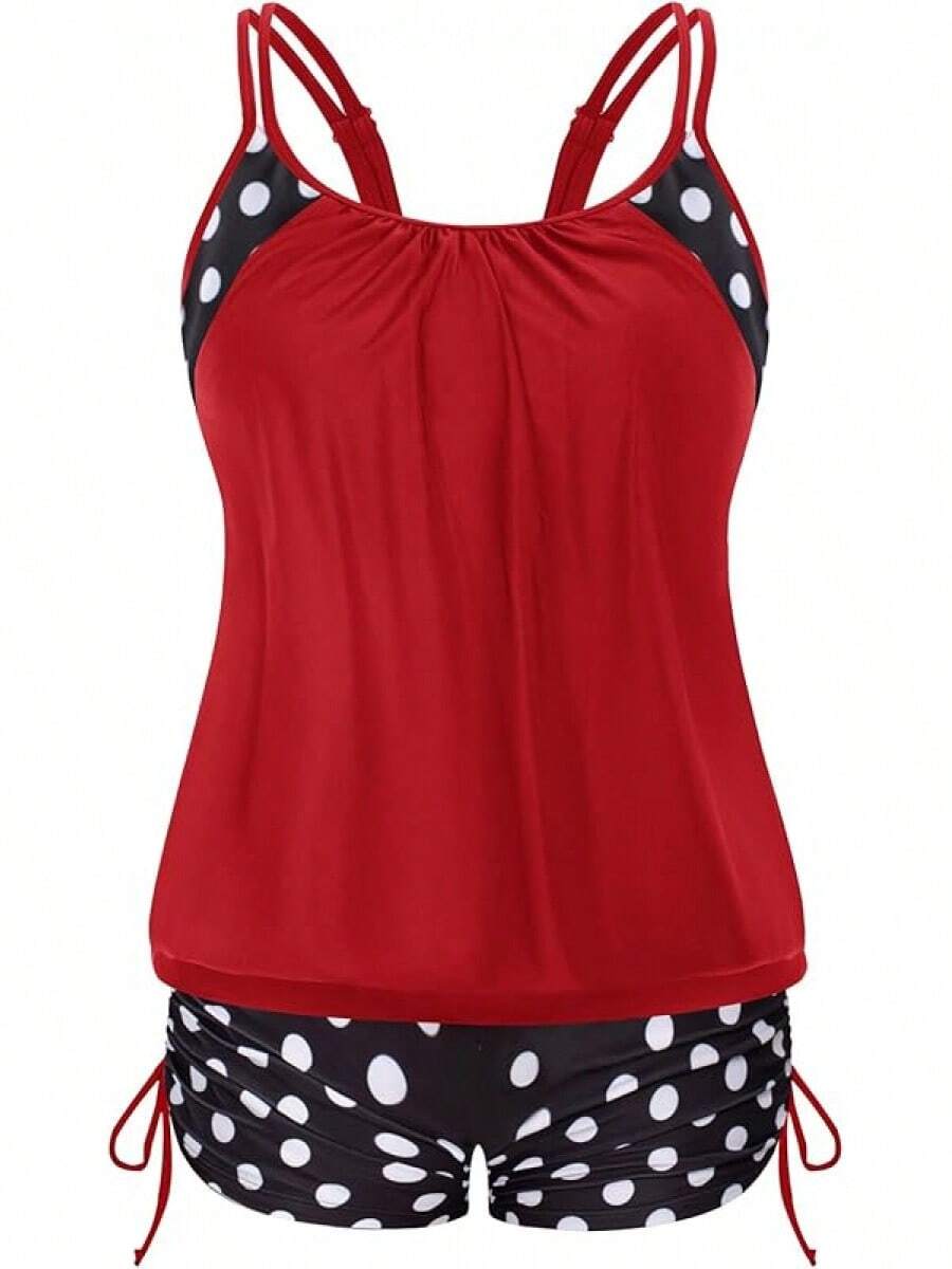 Womens Plus Size Striped Printed Strappy Tankini Top With Shorts Two Pieces Swimsuit - Red - View 1