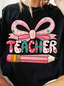 Women's T-Shirts - Teacher's Day Theme Pink Bow Pencil And Flower Pattern Casual Short-Sleeved Round Neck Tops Fun Printed Teacher Outfit - màu đen - Xem 1
