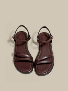 Women's Brown Coffee Flat Peep Toe Strap Sandals, Minimalist Slim Straps Soft Sole Beach Flip Flops, Summer