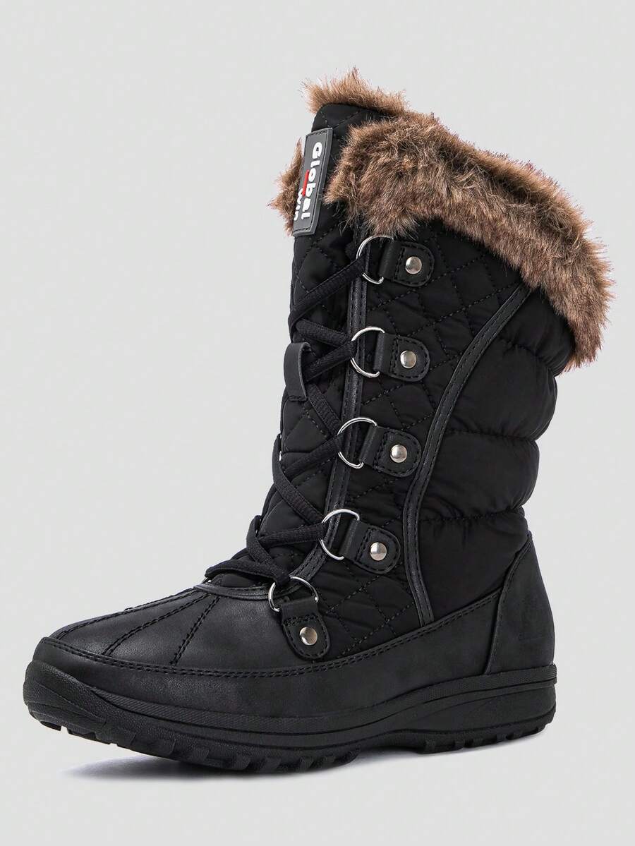 GLOBALWIN Women's Snow Boots Mid Calf Warm Winter Fashion Boots Comfortable Lace-UpWaterproof Boots Insulated Non-Slip Outdoor Shoes For Women - 1817-1黑色 - 查看 1