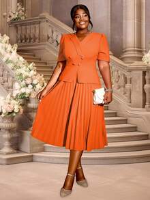 Plus Size Women's Short Sleeve Notched Collar Double-Breasted Faux Pleated Midi Dress, Suitable For Commuting, Office, Formal, Casual, And Daily Wear - Orange - View 5