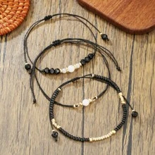 Illusory Conjunto de 3 peças de pulseiras artesanais de cristal preto falso estilo boêmio, pulseiras ajustáveis de contas multicamadas para mulheres, verão