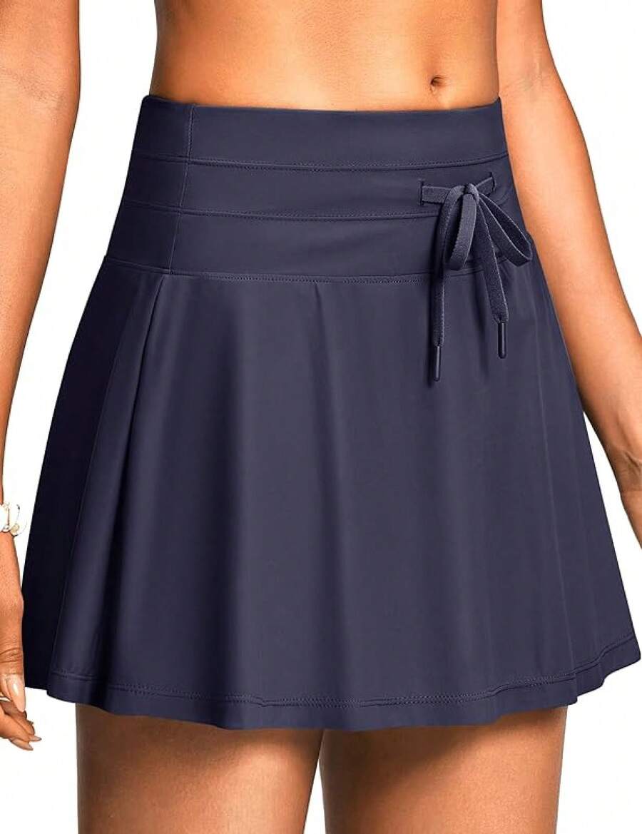 Women's High Waisted 15'' Swim Skirts Tummy Control Bathing Suit Skirt Bottoms Swimsuit With Liner Pockets - B Navy - View 1