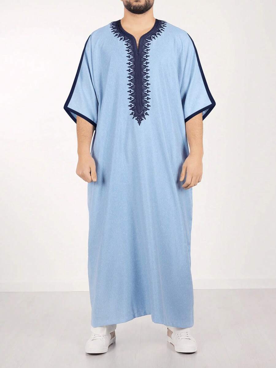 Ropa musulmana para hombres, túnica marroquí de manga corta bordada, chilaba islámica holgada para hombres, ropa árabe tradicional para hombres - Celeste - Ver 1