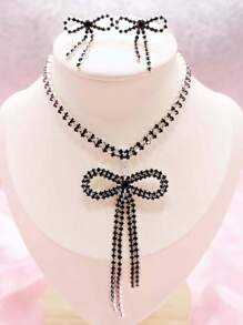 2pcs Women Elegant Necklace&Earrings Set, Double Bow Crystal Tassel Jewelry For Wedding Party,Bridal
