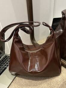 新款纹理手提包，时尚休闲通勤斜挎包，柔软托特包，女士大容量多功能高端纹理小众通勤包 - 棕色 - 查看 7