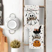 2 piezas de Toallas de cocina con motivos de calabaza y fantasma beige de Halloween, paños de cocina de otoño, toallas de mano de poliéster para la cocina, trapos de secado suaves y absorbentes, decoración para el hogar, utensilios de cocina, paños de limpieza, 40*60cm