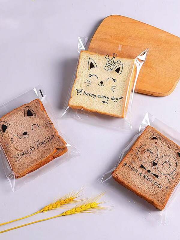100pcs/Pack Assorted Color Cute Cat Design Bakery, Toast, Bread, Bun & Pastry Self-Adhesive Packaging Bags School Supplies Back To School School Essentials School Stuff
