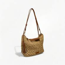 2025 Torba damska na ramię z rafii o pustym kształcie, prosta, lekka, ręcznie robiona torba z ażurowym wzorem, styl wakacyjny dla nastolatek i studentek, idealna na studia, na świeżym powietrzu, w podróż, na wycieczki, na wakacje, na plażę, na ramię, do ręki. - Kolor khaki - Zobacz 2