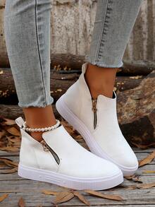 Fall/Winter 2025 Women's Ankle Boots And Short Boots, Beige Boots, Women's Flat Shoes, New Season Short Boots, Zipper Closure - White - View 6