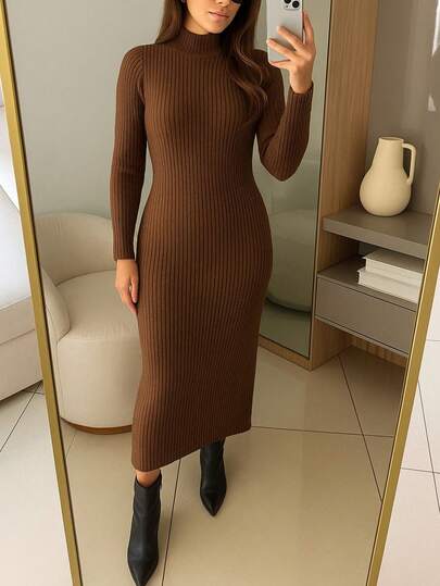 VESTIDO CANELADO COM MANGA ELEGANTE MODAL ALTA QUALIDADE OUTONO E INVERNO