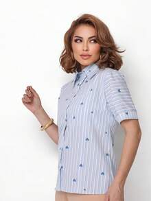 LAN FASHION Women's Short Sleeve Printed Shirt In Crepe Fabric - Màu xanh nhạt - Xem 2
