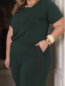 Women's Plus Size Set Of Sweatpants And Short-Sleeved Top - 軍綠色 - 查看 6