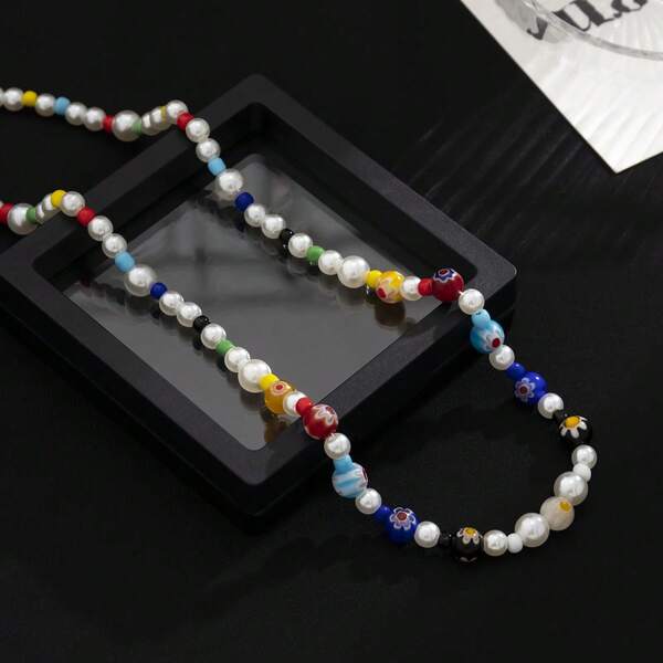Faux Pearl Beads Choker Necklace Colorful Men Beaded Chain Necklace Fashion Jewelry On The Neck Accessories Male Versatile Preppy Glass Beaded Necklace - Faux Pearl Clavicle Chain For MenColorful Print Glass Bead And Pearl Necklace Perfect Gift For Men