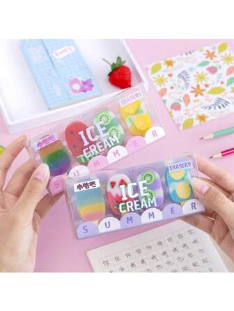 A Set Of Colors And Shapes Random Sweet Summer Ice Cream Ice Cream Colorful Eraser Set Gift Gift School Supplies, Back To School