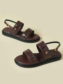 Women's Thick Sole Sandals With Embroidery, Random Embossed Texture, Retro Bohemian Open Toe, Comfortable Platform Wedge Flats For Spring, Summer, Beach, Casual Wear, Plus Size 41-43, Chocolate Brown - Coffee Brown - View 3