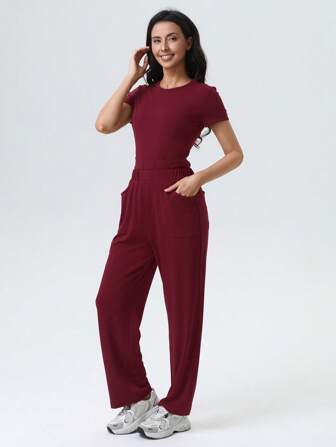 女士休闲通勤圆领修身短袖多口袋松紧腰裤护士制服工作服，适用于护士、牙医、医疗保健、宠物医院、实验室、美容院