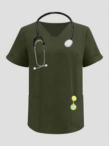 Solid Color V-Neck Short Sleeve Top And Split Leg Pants Nurse Scrub Uniform, Lab/ Center/Veterinary Hospital Work Wear Set With Pockets Spring - Army Green - View 5