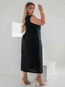 Plus Size Linen Slit Midi Dress Elegant Casual Elegant Linen Hollow Out/Cut Out Holiday Wedding Office Travel - màu đen - Xem 2