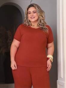 Women's Plus Size Set Of Sweatpants And Short-Sleeved Top - 屋頂的瓦片 - 查看 4