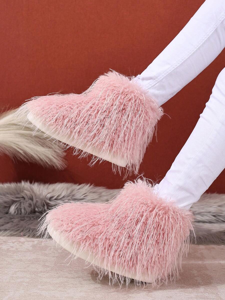 2025 New Fluffy Faux Thermal Lined Ankle Boots, Fashion Slip-On Furry Warm Anti-Slip Boots - Baby Pink - View 1