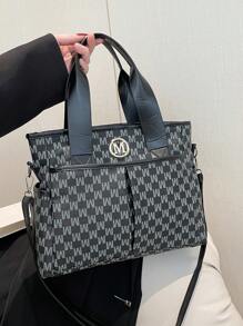 Nova bolsa tote feminina preta com estampa de letra M e grande capacidade, com vários bolsos, fecho de zíper, material de PU, adequada para compras, deslocamento para o trabalho, pode ser usada transversalmente, bolsa tote de grande capacidade