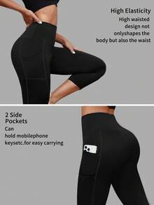 1pc Spring/Summer Capri Length Yoga Compression Capri Pants, Waist & Stomach Slimming, Casual Sports Leggings With Side Pockets - Black - View 3