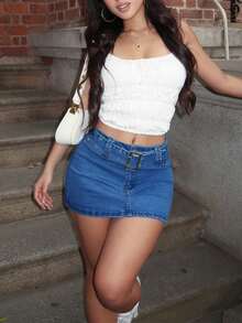 女式蓝色束带A字牛仔裙，修身款，夏季 - 深色水洗藍 - 查看 6