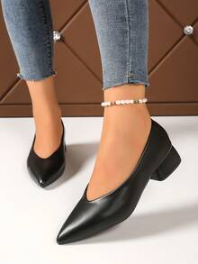 Women Solid Color Chunky Heel Pumps, Elegant Basic Business Chic Office & Wedding Shoes, Spring/Summer/Autumn - Black - View 3