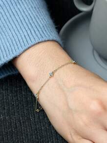 Charm-In 18k Gold Plated Brass Delicate Bracelet With Blue Zirconia Stone, And Versatile, Suitable As A Valentine's Day Gift